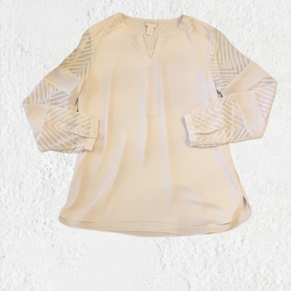 Chico’s Pullover Split Neck Sheer Pattern Sleeve … - image 1